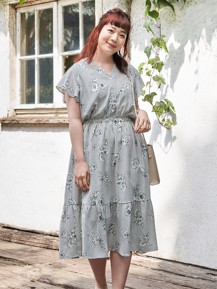 Web限定 花柄ストライプワンピース ワンピース ベージュ 青 公式 大きいサイズ ぽっちゃりさん向けのレディースファッションブランドre J リジェイ Supure スプル