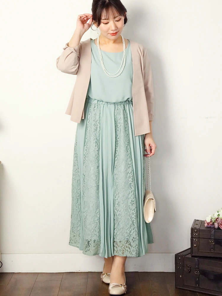 未使用タグ付き✨大きいLLサイズ プリーツ×レース 7分袖ドレス ラベンダー レース×プリーツドレス | axes femme | axes femme online shop