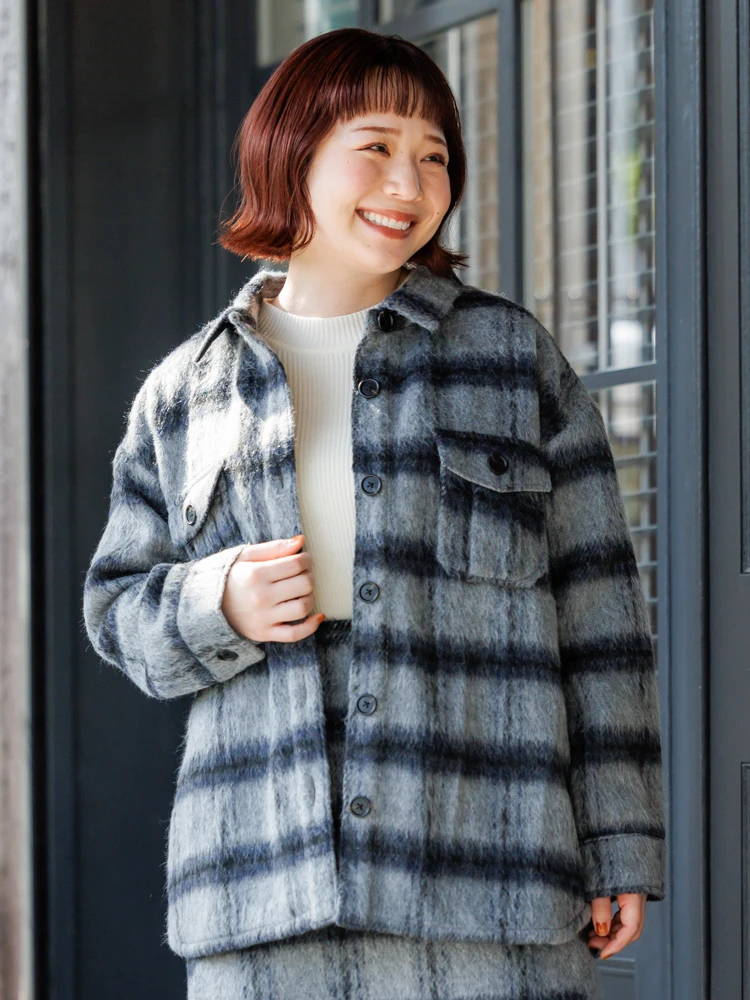 シャギーチェックシャツジャケット ブルーM （セール 70%OFF】シャギー  