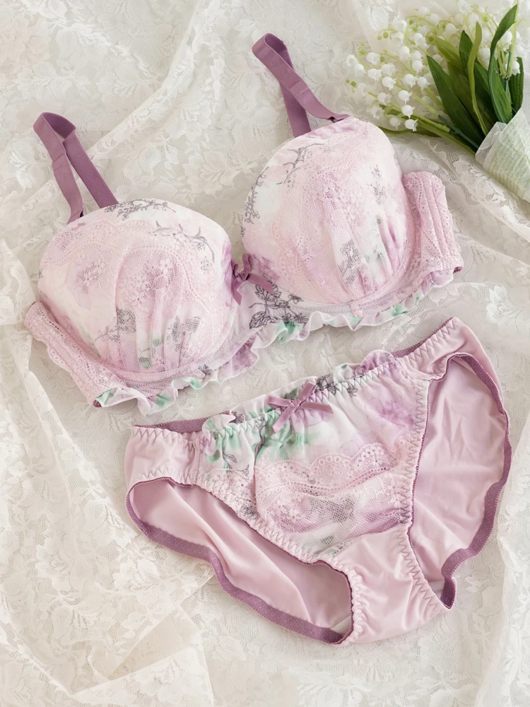 D85-I95]フラワーシフォンレースブラ＆ショーツ(モールドカップ
