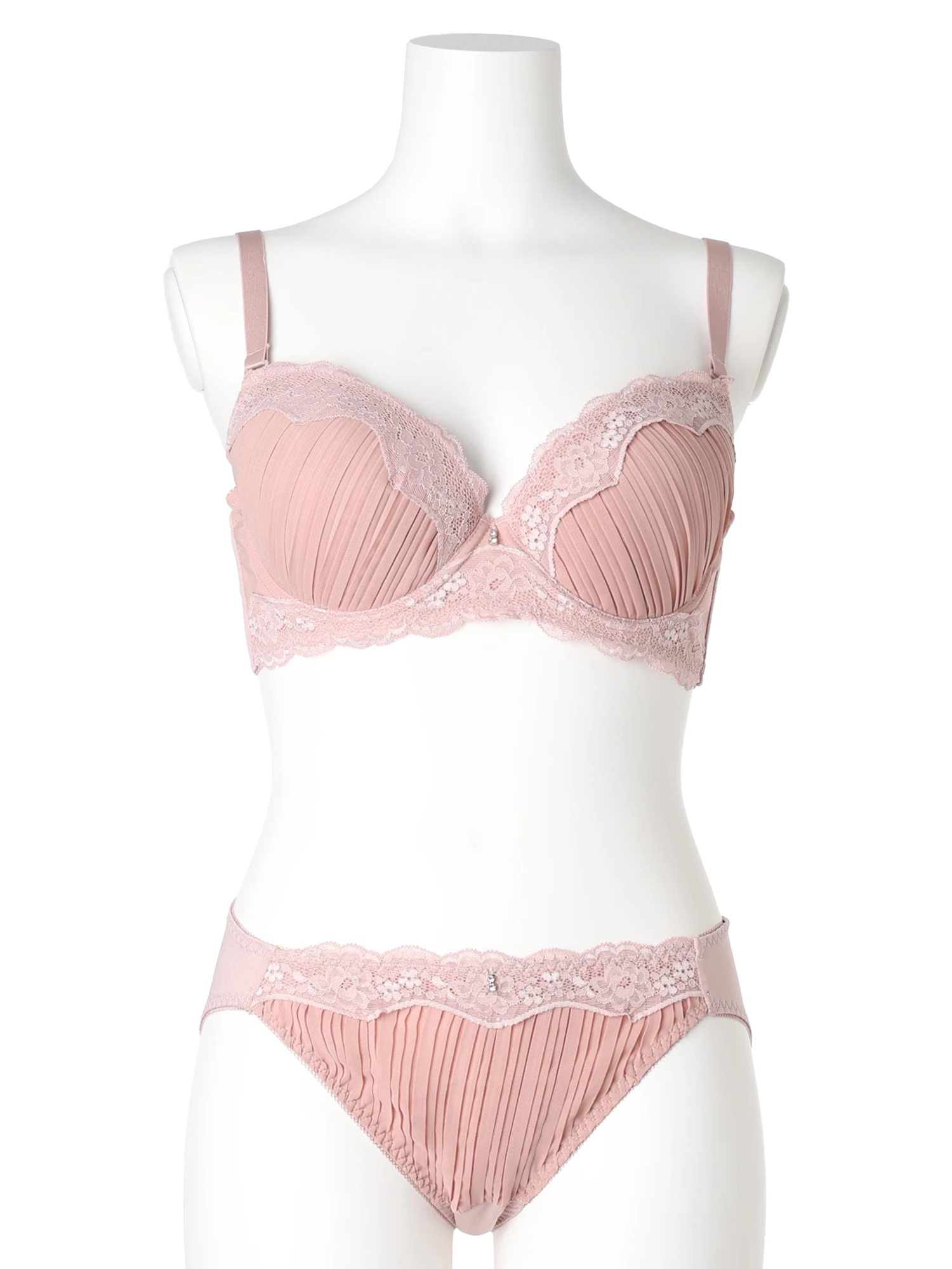 D85-H95]プリーツレースブラ＆ショーツ(モールドカップ)（大きいサイズ