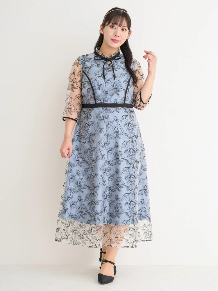 専用✨️メイド風バラリボン編み上げドレス✨️大きいサイズ ゆったりサイズ Dorry Doll ドレス シフォン×レースバックリボンドレス「低身長