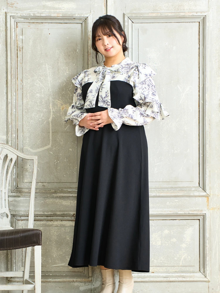 花柄ボウタイドッキングワンピース（大きいサイズ・ぽっちゃり女子向け