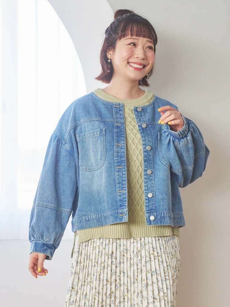 ノーカラーデニムジャケット（大きいサイズ・ぽっちゃり女子向け