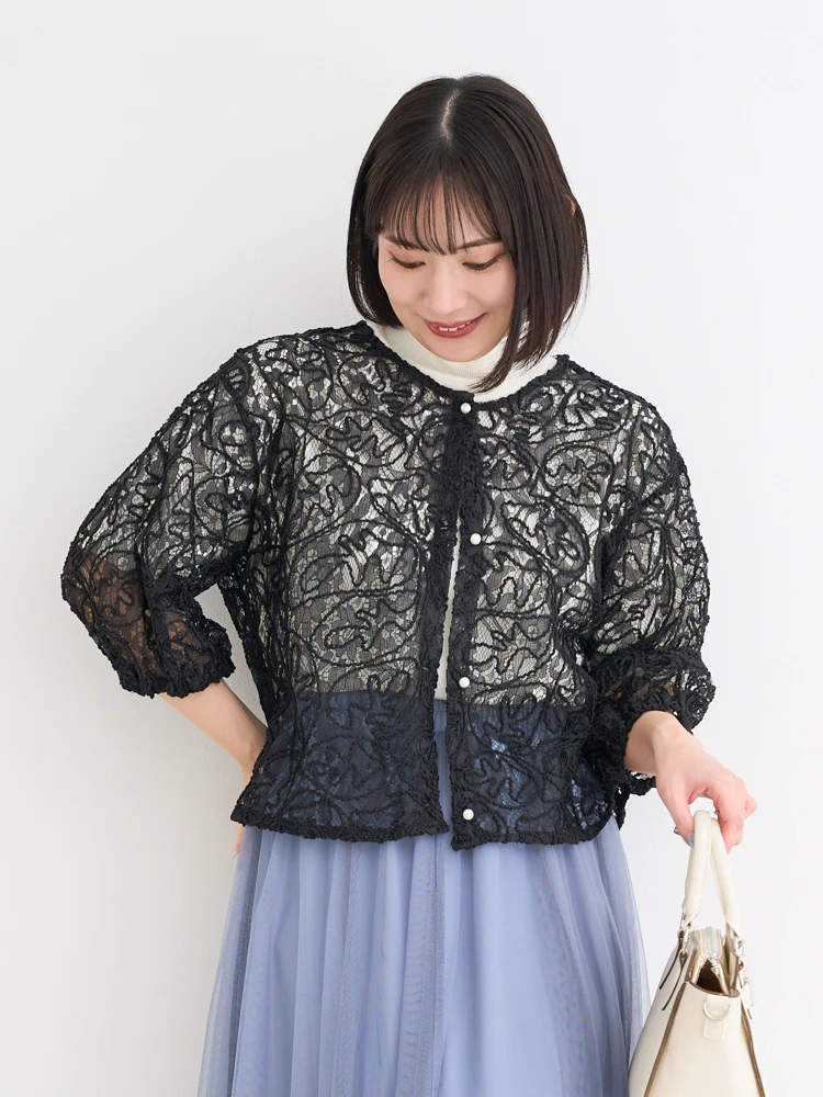 刺繍レースで上品なスタイリングに☆刺繍レースボタンレスカーディガン jk12193 春夏マスト】コード刺繍レースカーデ | Remind me and forever