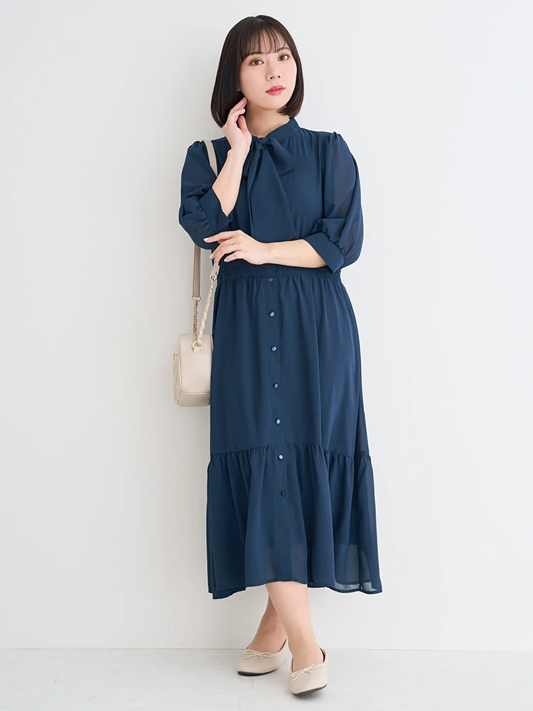 WEB限定】シフォンジョーゼット5分袖ボウタイワンピース