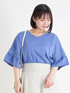 Re-J＆SUPURE(リジェイ＆スプル) |【接触冷感】袖ビジュー付きレース切り替えトップス