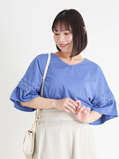 Re-J＆SUPURE(リジェイ＆スプル) |【接触冷感】袖ビジュー付きレース切り替えトップス
