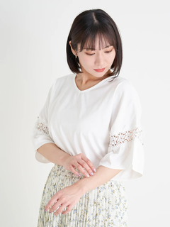 Re-J＆SUPURE(リジェイ＆スプル) |【接触冷感】袖ビジュー付きレース切り替えトップス