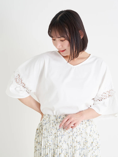 Re-J＆SUPURE(リジェイ＆スプル) |【接触冷感】袖ビジュー付きレース切り替えトップス