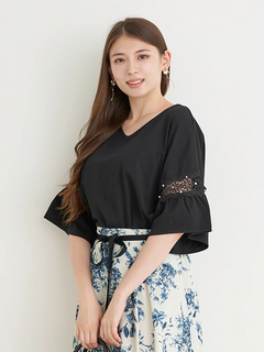 Re-J＆SUPURE(リジェイ＆スプル) |【接触冷感】袖ビジュー付きレース切り替えトップス