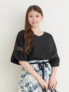 Re-J＆SUPURE(リジェイ＆スプル) |【接触冷感】袖ビジュー付きレース切り替えトップス