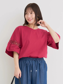 Re-J＆SUPURE(リジェイ＆スプル) |【接触冷感】袖ビジュー付きレース切り替えトップス