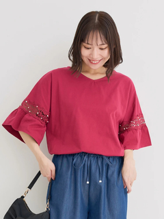 Re-J＆SUPURE(リジェイ＆スプル) |【接触冷感】袖ビジュー付きレース切り替えトップス
