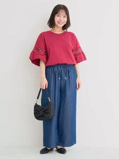 Re-J＆SUPURE(リジェイ＆スプル) |【接触冷感】袖ビジュー付きレース切り替えトップス