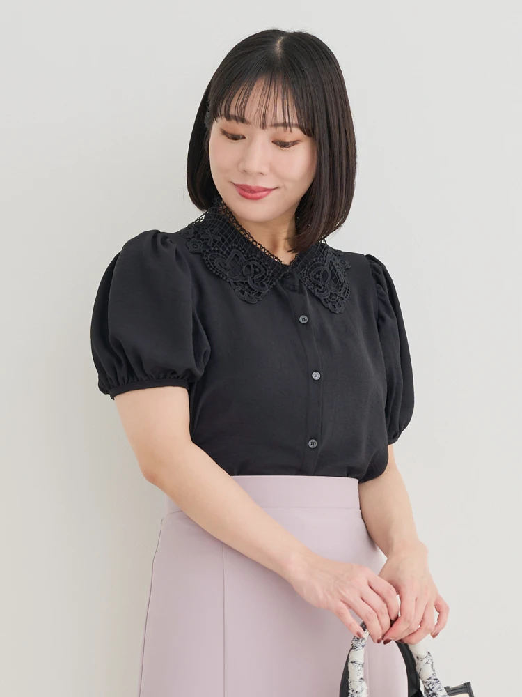レース襟パフスリーブブラウス（大きいサイズ・ぽっちゃり女子