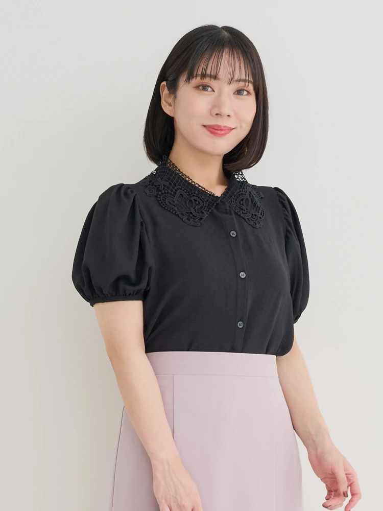 レース襟パフスリーブブラウス（大きいサイズ・ぽっちゃり女子