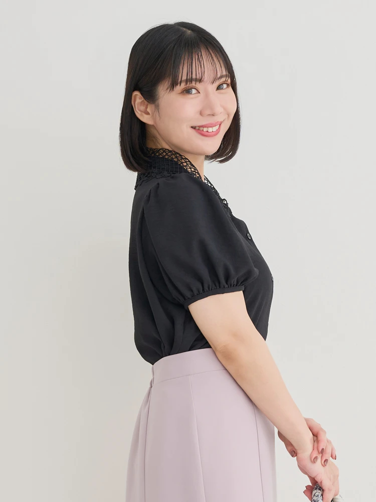 レース付き ボウタイ ブラウス モノトーン ボウタイブラウス ロングスリーブ パフスリーブ 長袖 キチンと見え 赤 レッド 黒 レース ポリエステル カジュアル マ leap-ec_awh0310