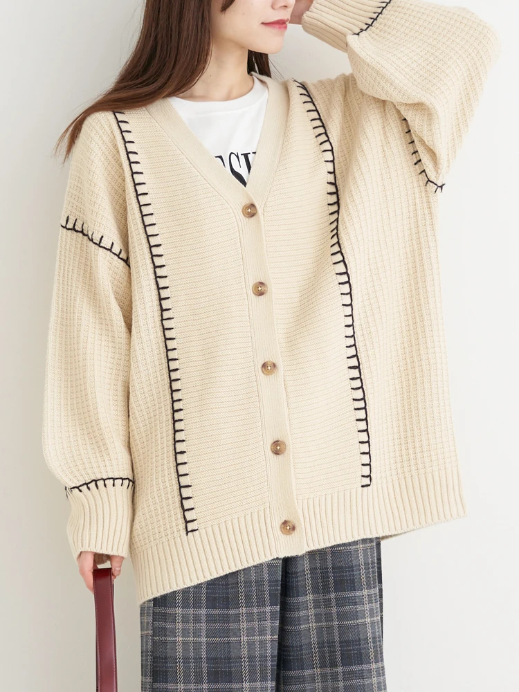 配色ステッチVネックカーディガン（大きいサイズ・ぽっちゃり女子向け