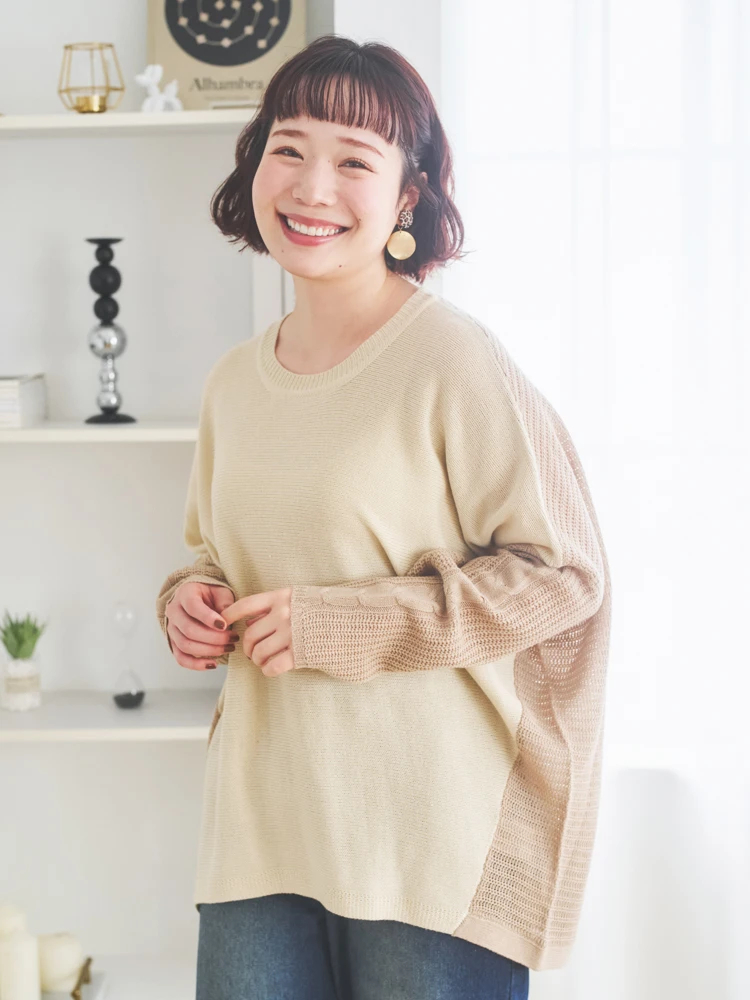 袖ケーブルニットプルオーバー（大きいサイズ・ぽっちゃり女子向け
