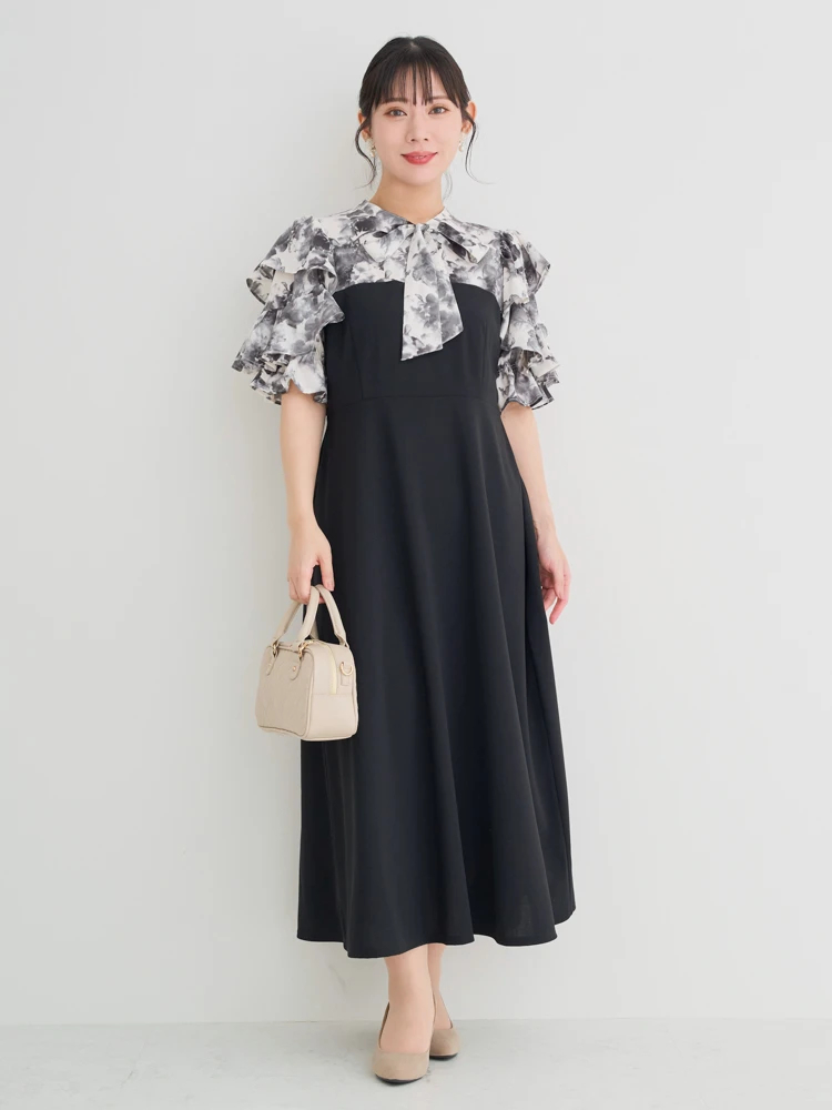 WEB限定】花柄フリルボウタイブラウスドッキングワンピース（大きい