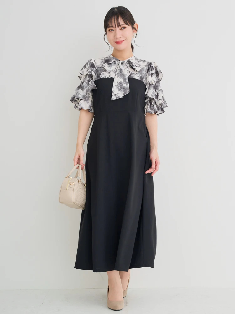 WEB限定】花柄フリルボウタイブラウスドッキングワンピース