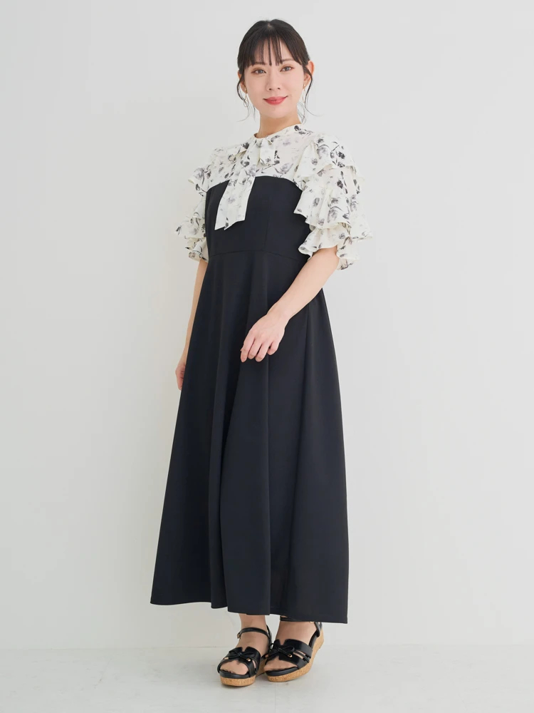 WEB限定】花柄フリルボウタイブラウスドッキングワンピース