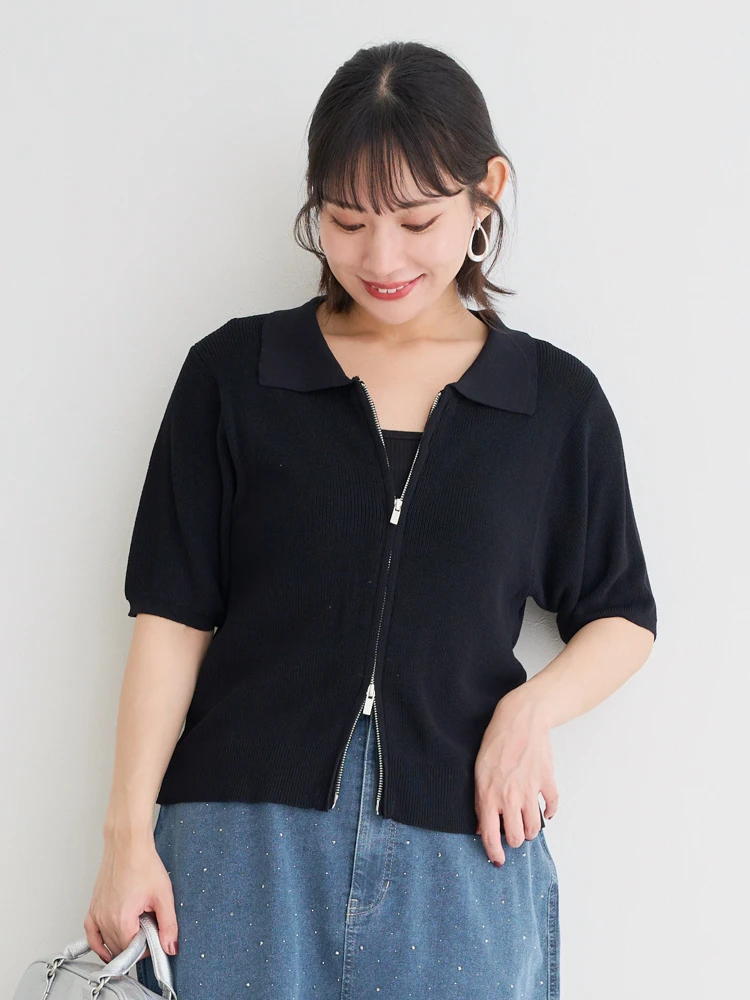 WEB限定】襟付きZIPニットトップス（大きいサイズ・ぽっちゃり