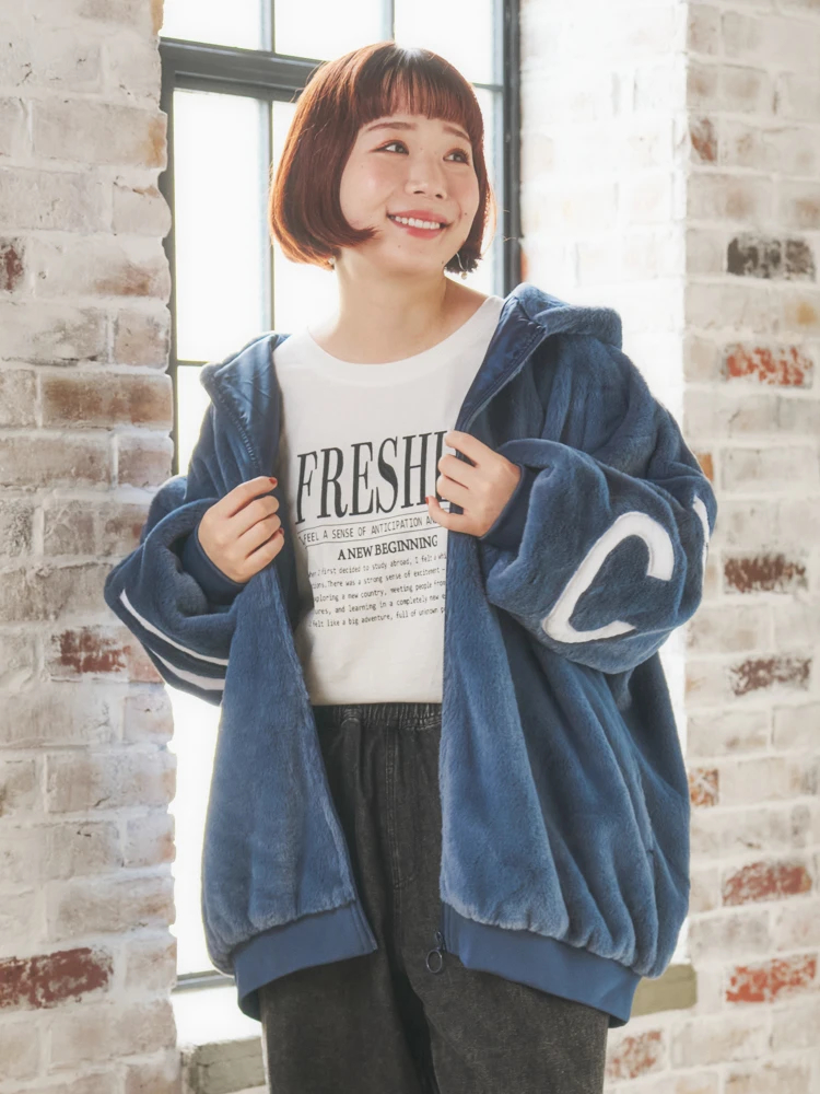 バックロゴフェイクファーパーカーブルゾン（大きいサイズ・ぽっちゃり