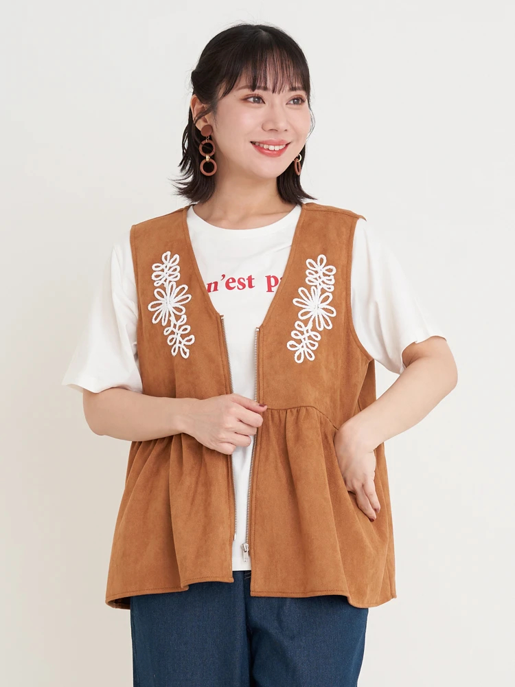 ロープ刺繍スエードベスト（大きいサイズ・ぽっちゃり女子向け