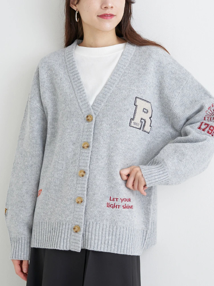 サガラ刺繍ワッペンニットカーディガン（大きいサイズ・ぽっちゃり女子