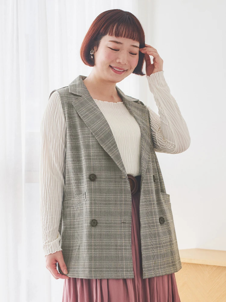 チェック柄Wボタンベスト（大きいサイズ・ぽっちゃり女子向け