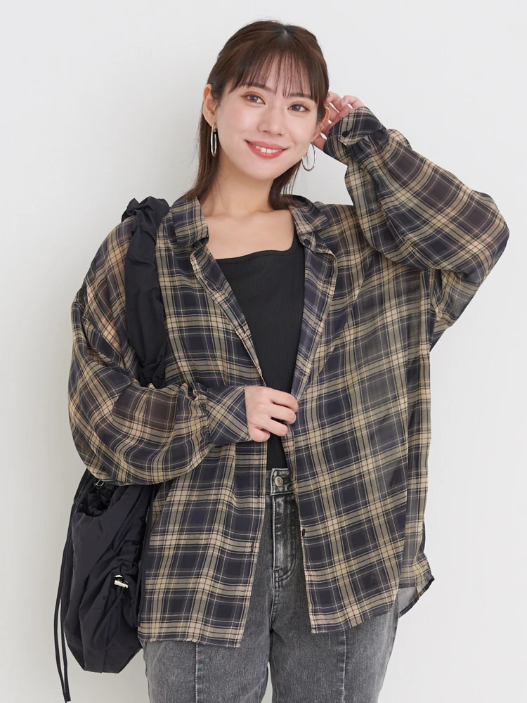SET]チェック柄シアーシャツ×タンクトップ（大きいサイズ