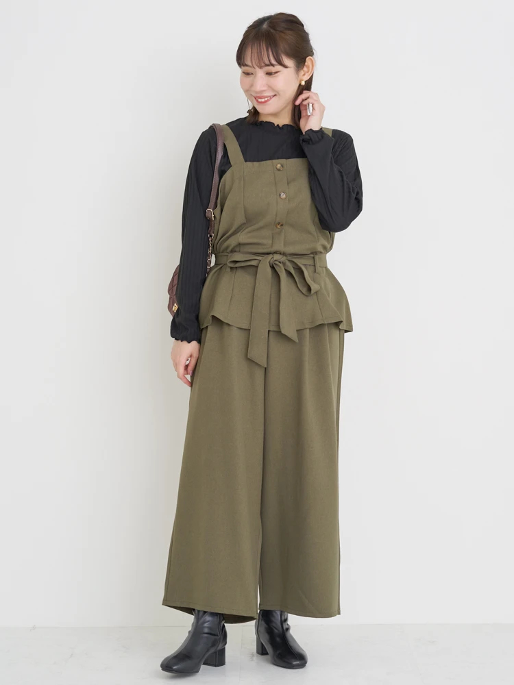 SET]ウエストリボンビスチェ×ワイドパンツ×プチハイネックインナー