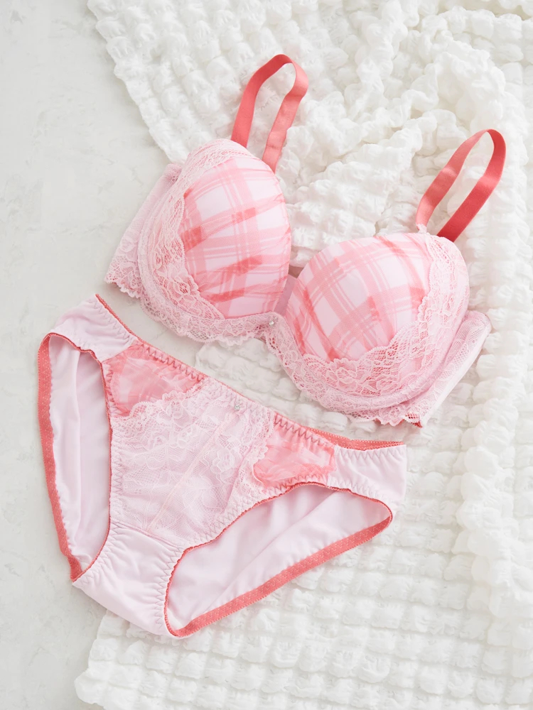 WEB限定/脇高】[D85-I95］チェック柄チュールレースブラ＆ショーツ
