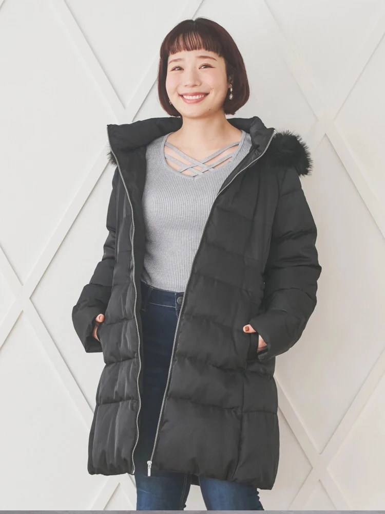 フードファーベルト付き中綿コート（大きいサイズ・ぽっちゃり女子向け