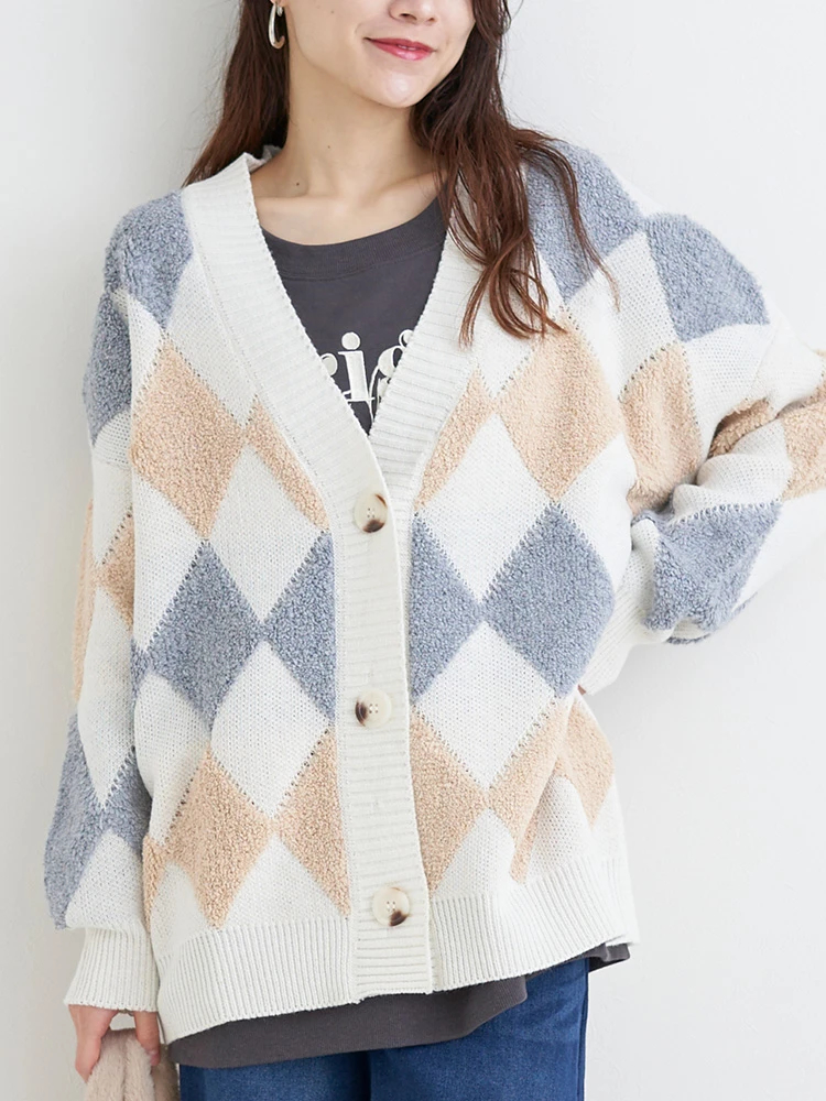 アーガイル柄ニットカーディガン（大きいサイズ・ぽっちゃり女子