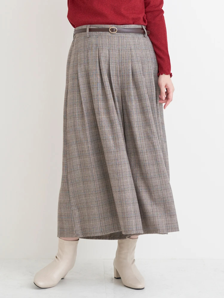 ベルト付きチェック柄タックワイドパンツ（大きいサイズ・ぽっちゃり