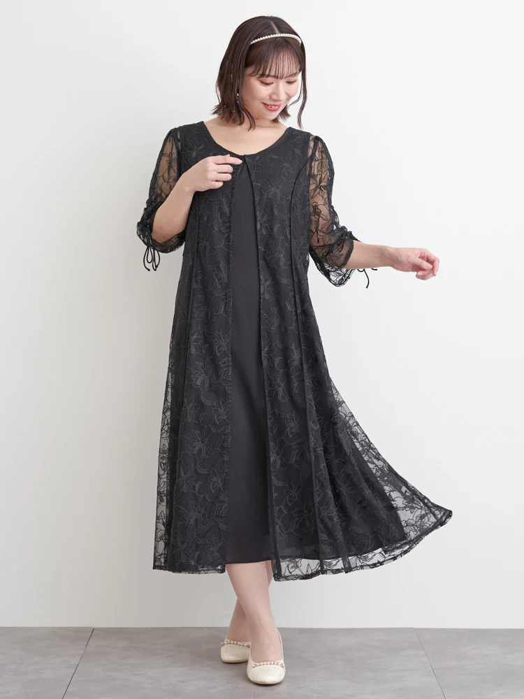 フラワー刺繍袖リボンドレス（大きいサイズ・ぽっちゃり女子向け