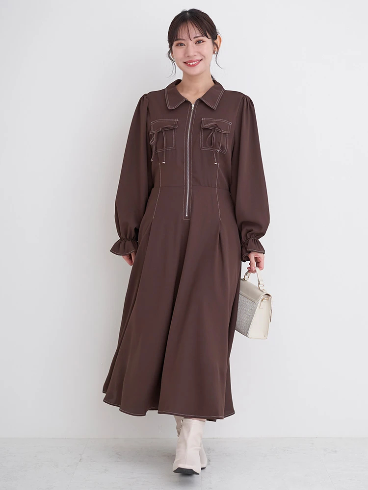 ポケットリボンハーフZIPワンピース（大きいサイズ・ぽっちゃり女子