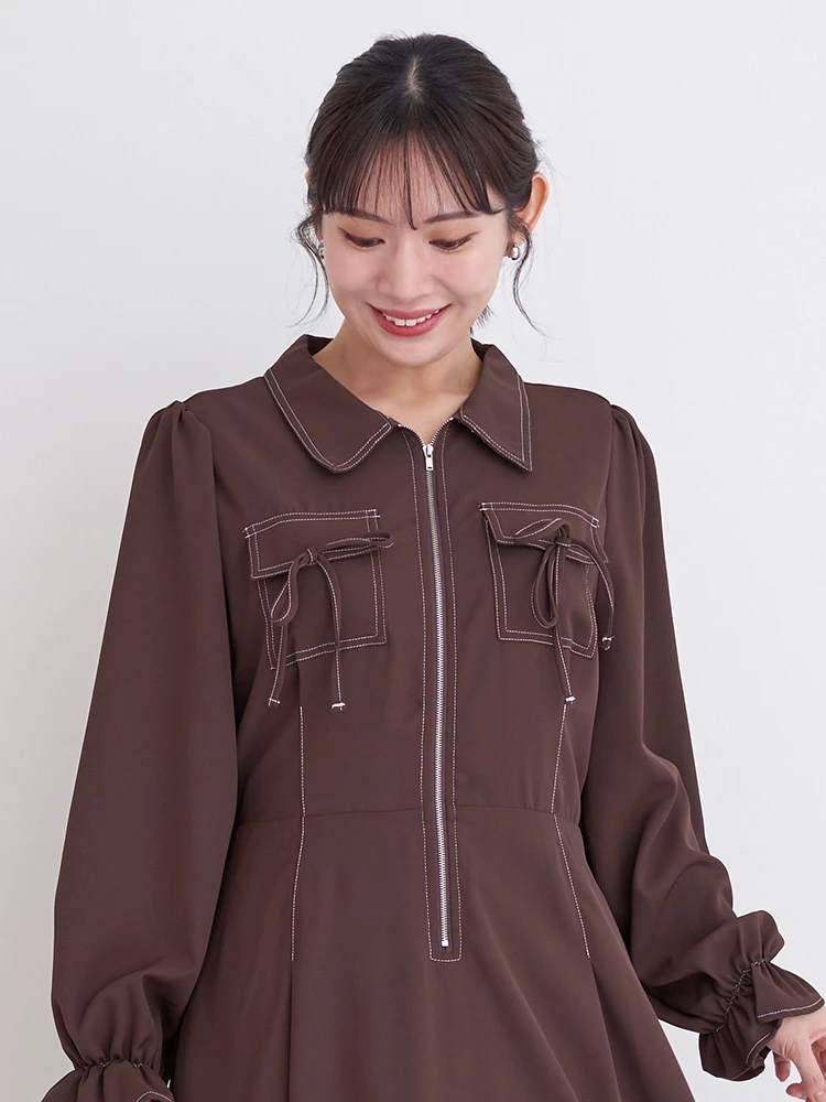 ポケットリボンハーフZIPワンピース（大きいサイズ・ぽっちゃり女子