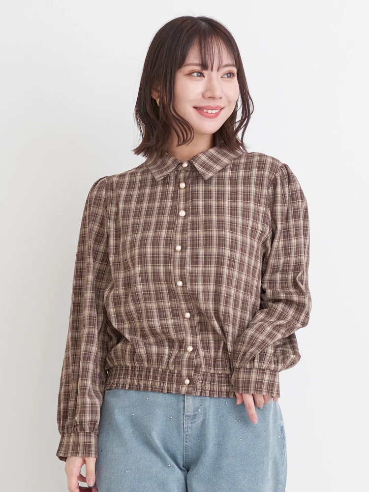 WEB限定】チェック柄シャーリングブラウス（大きいサイズ