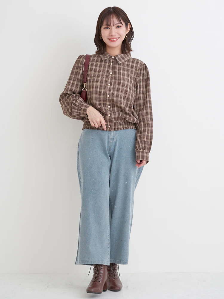 WEB限定】チェック柄シャーリングブラウス（大きいサイズ・ぽっちゃり