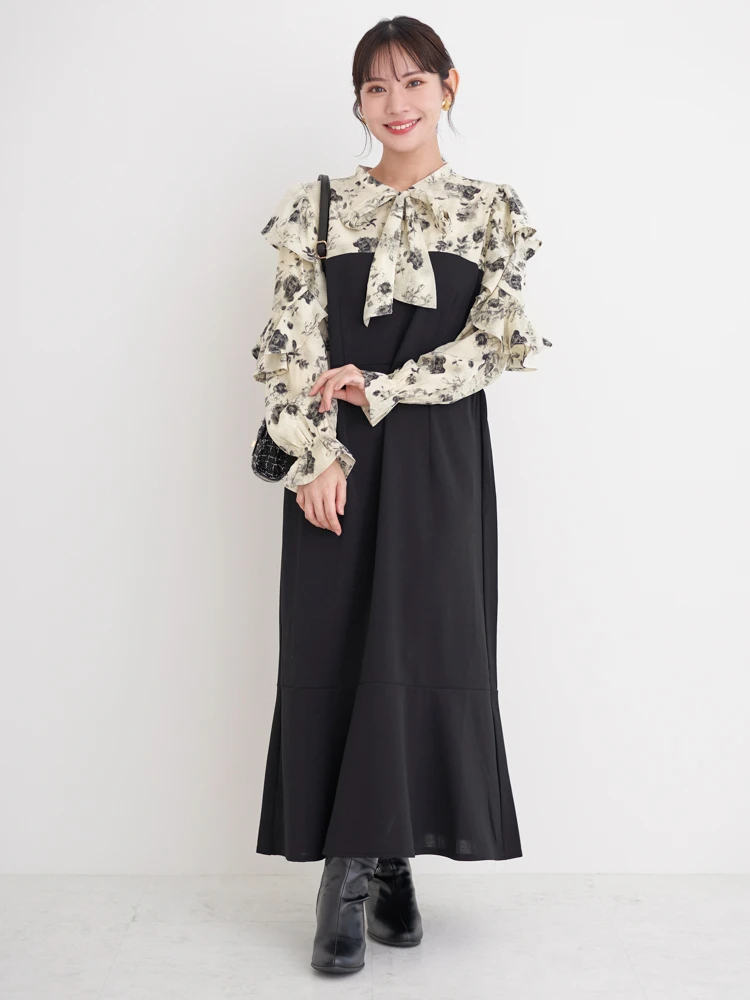 WEB限定】花柄フリルボウタイブラウスドッキングワンピース（大きい