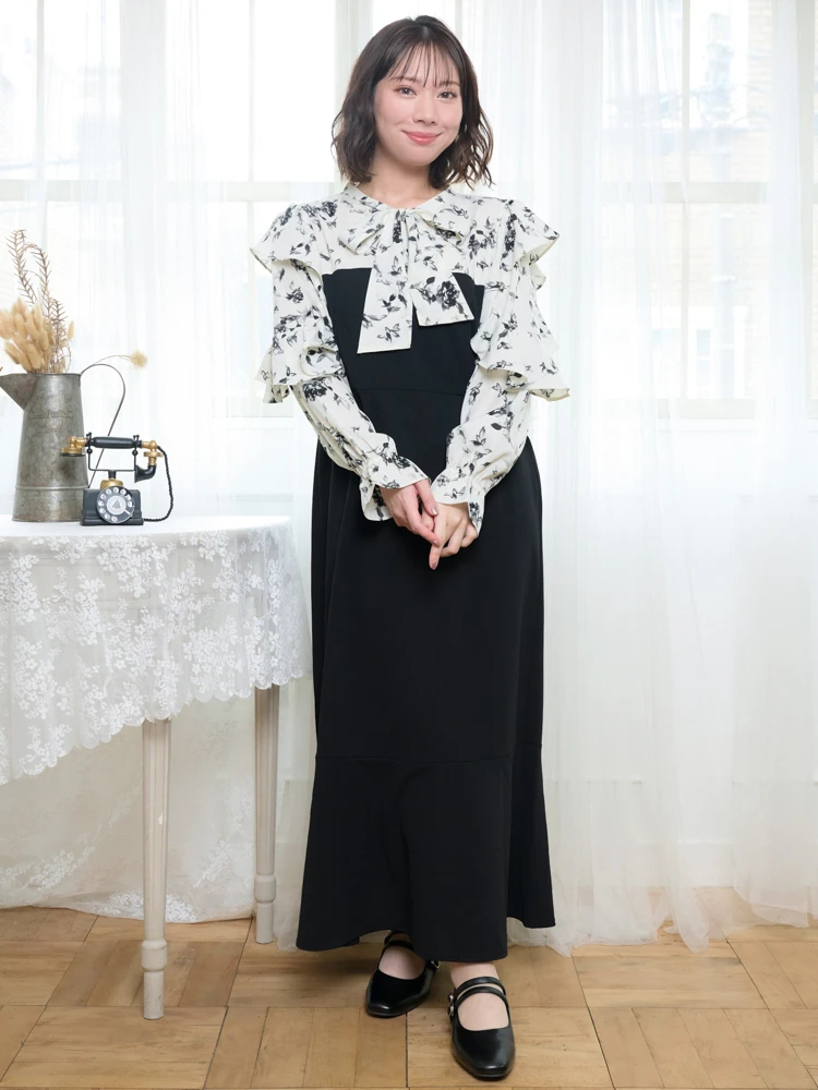 WEB限定】花柄フリルボウタイブラウスドッキングワンピース（大きい