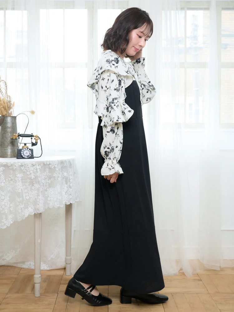 WEB限定】花柄フリルボウタイブラウスドッキングワンピース（大きい