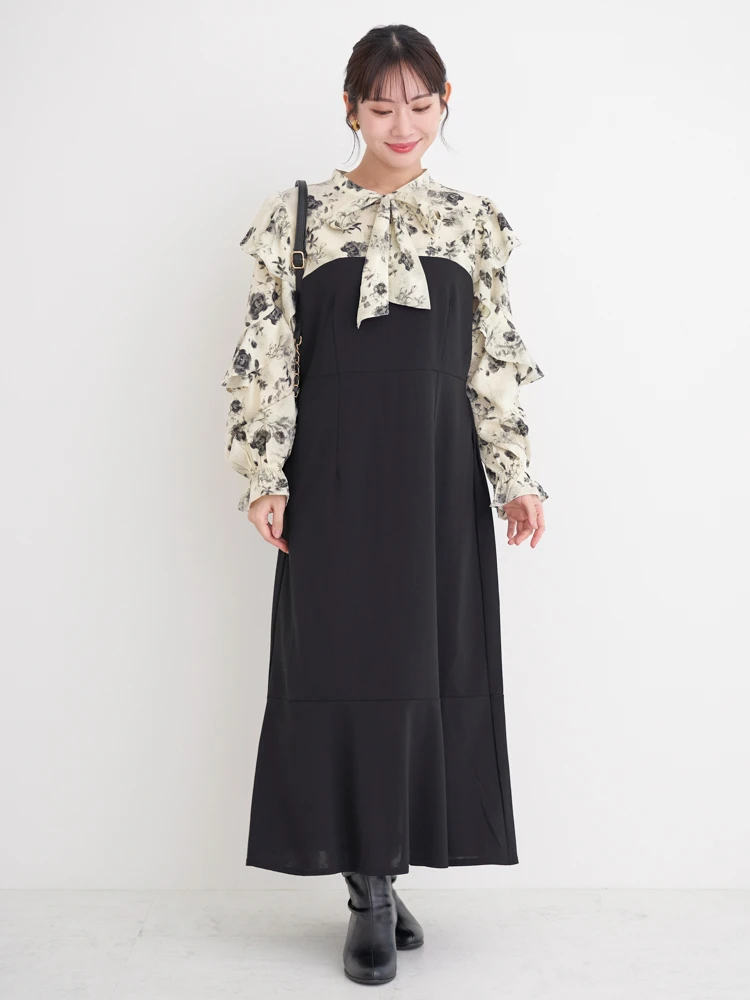 WEB限定】花柄フリルボウタイブラウスドッキングワンピース（大きい