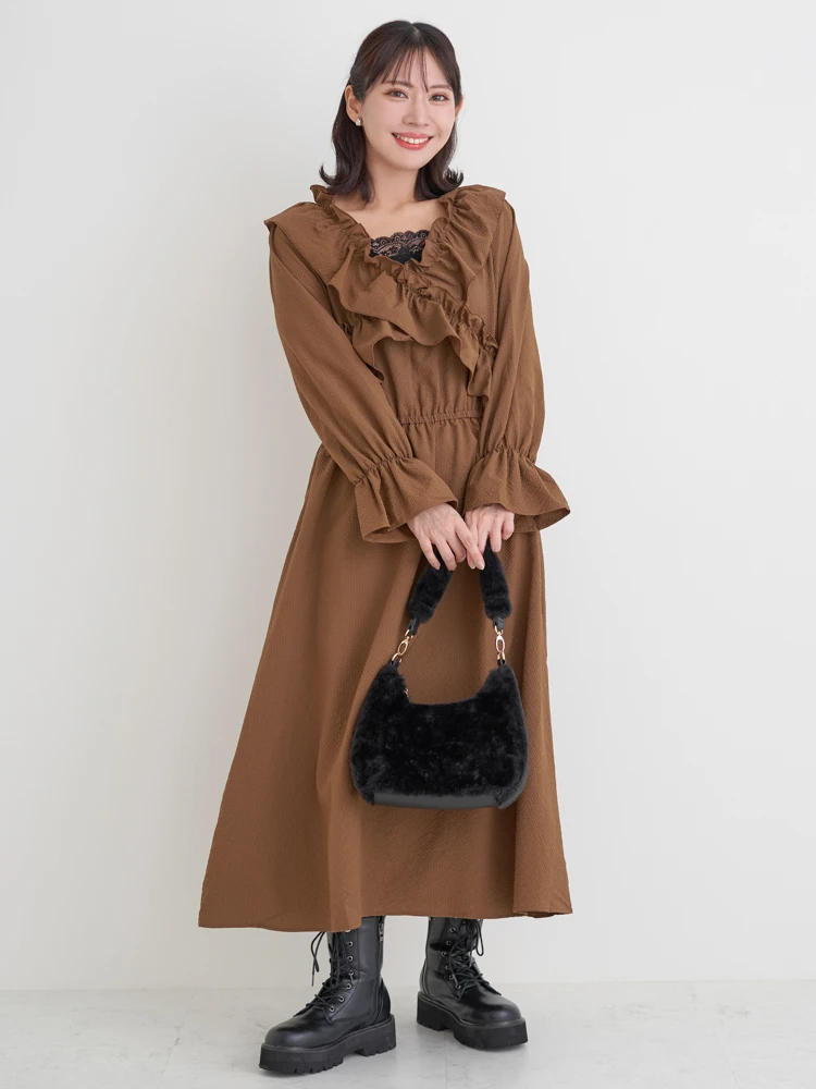 WEB限定】クロスフリルワンピース（無地・チェック柄）（大きいサイズ