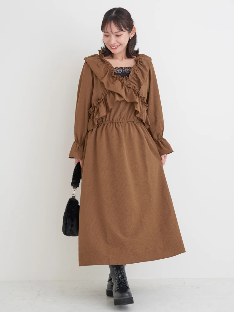 WEB限定】クロスフリルワンピース（無地・チェック柄）（大きいサイズ