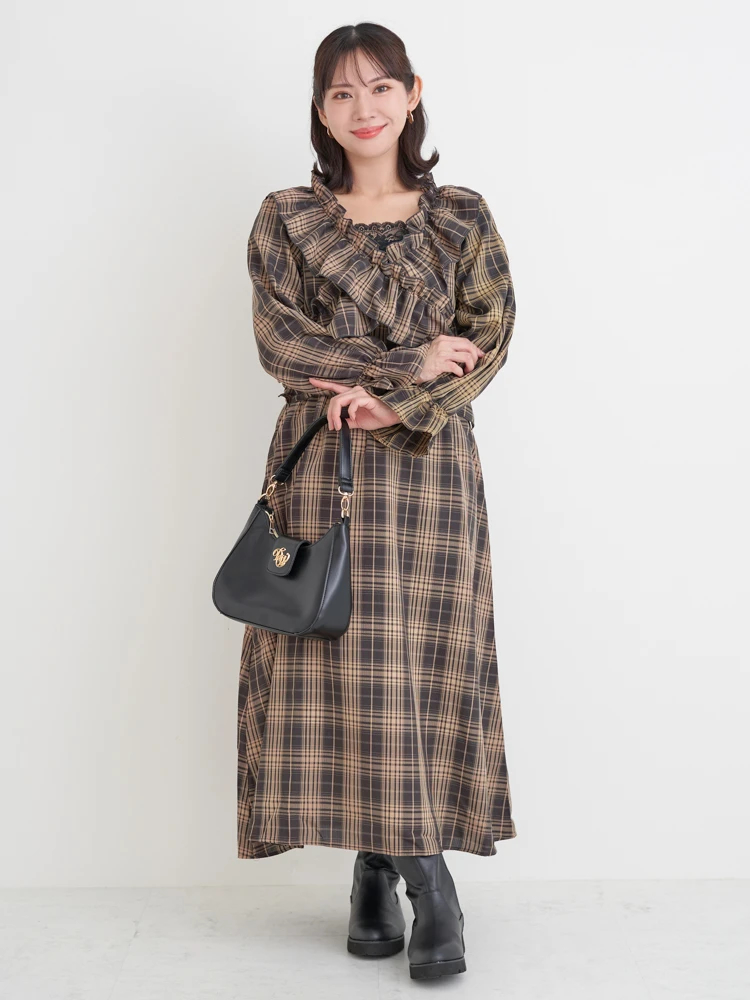 WEB限定】クロスフリルワンピース（無地・チェック柄）（大きいサイズ